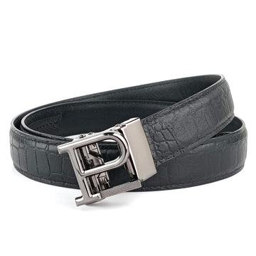 Hemener Men  P  Letter Metal Auto Grip Buckle Black Croc Pattern Genuine Leather Belt