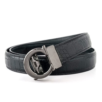 Hemener Men  C  Letter Metal Auto Grip Buckle Black Croc Pattern Genuine Leather Belt