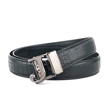 Hemener Men  J  Letter Metal Auto Grip Buckle Black Croc Pattern Genuine Leather Belt