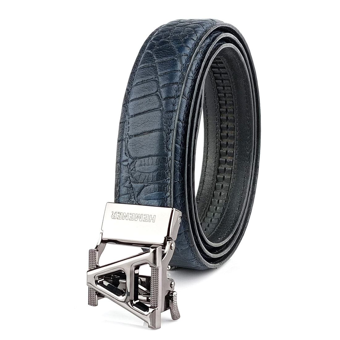 Hemener Men A  Letter Metal Auto Grip Buckle Blue Croc Pattern Genuine Leather Belt