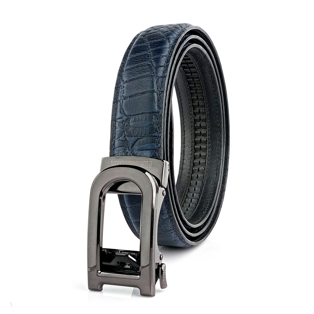 Hemener Men D  Letter Metal Auto Grip Buckle Blue Croc Pattern Genuine Leather Belt