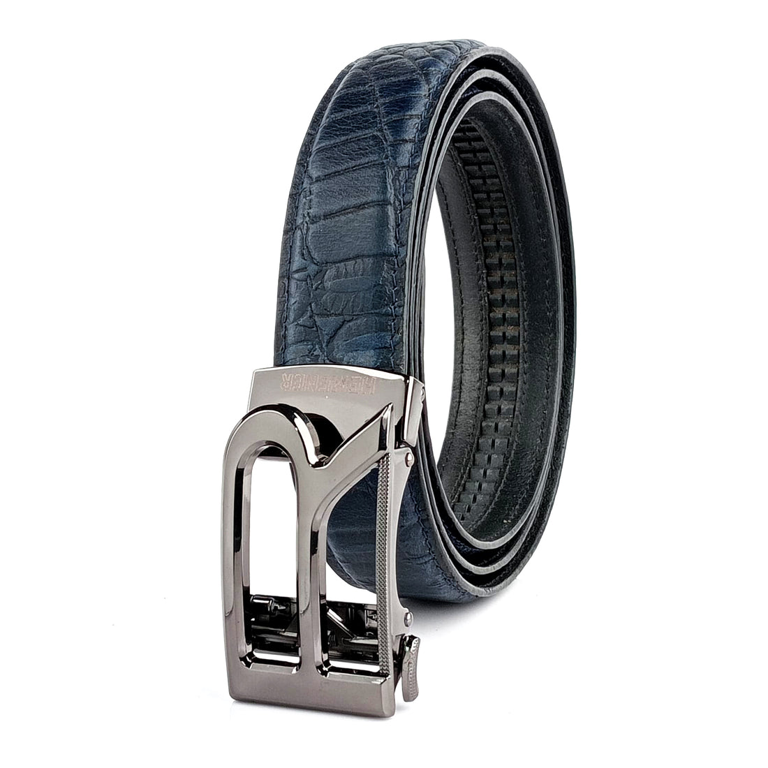 Hemener Men R  Letter Metal Auto Grip Buckle Blue Croc Pattern Genuine Leather Belt