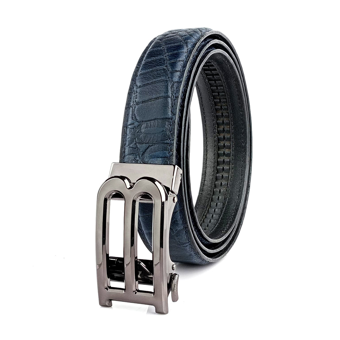 Hemener Men B  Letter Metal Auto Grip Buckle Blue Croc Pattern Genuine Leather Belt