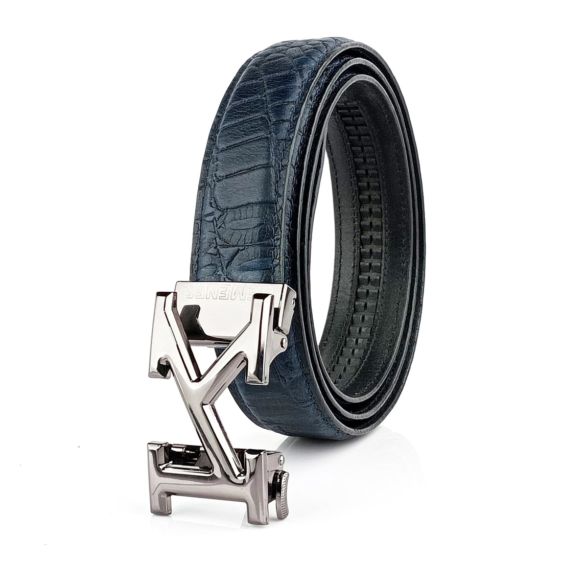 Hemener Men K  Letter Metal Auto Grip Buckle Blue Croc Pattern Genuine Leather Belt