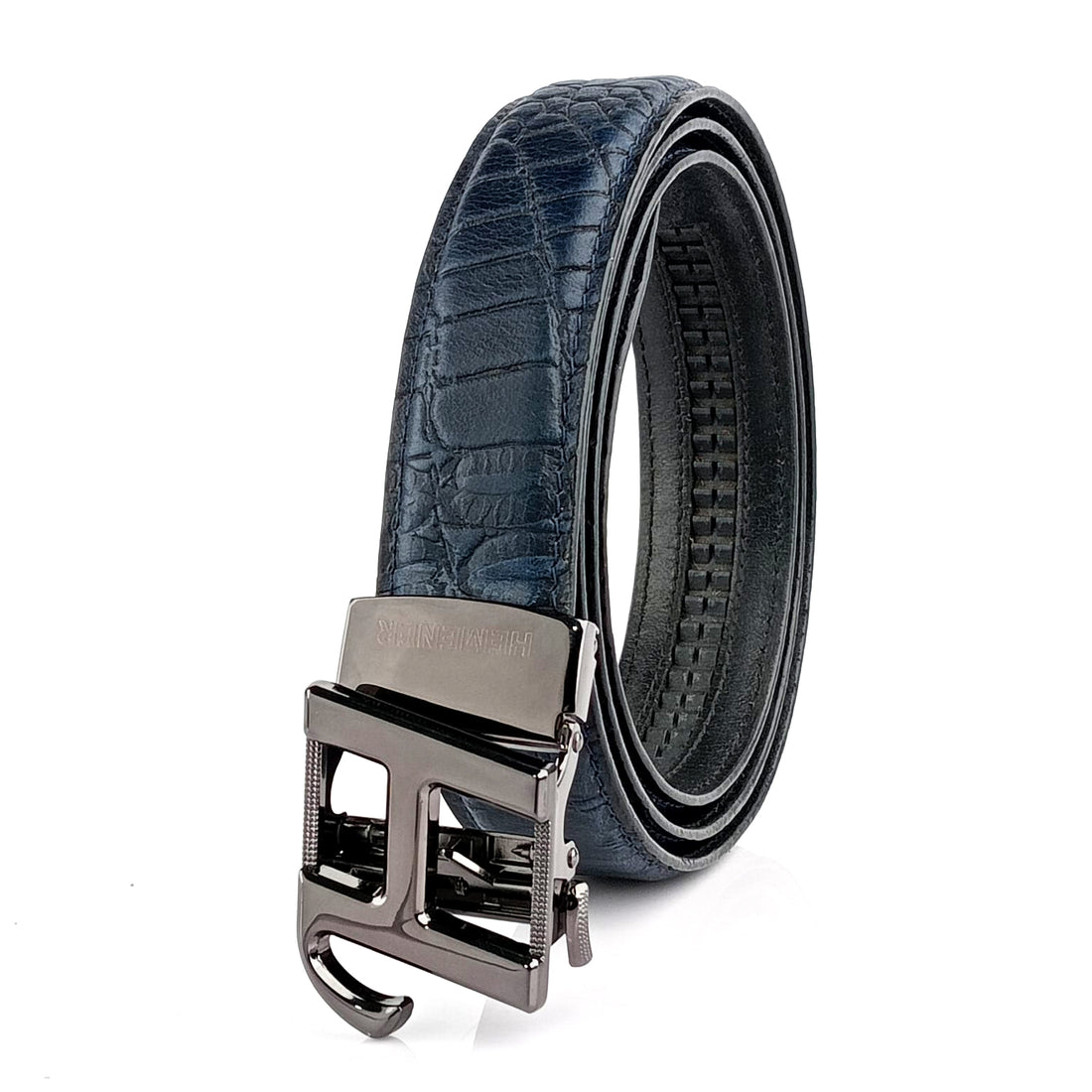 Hemener Men H  Letter Metal Auto Grip Buckle Blue Croc Pattern Genuine Leather Belt