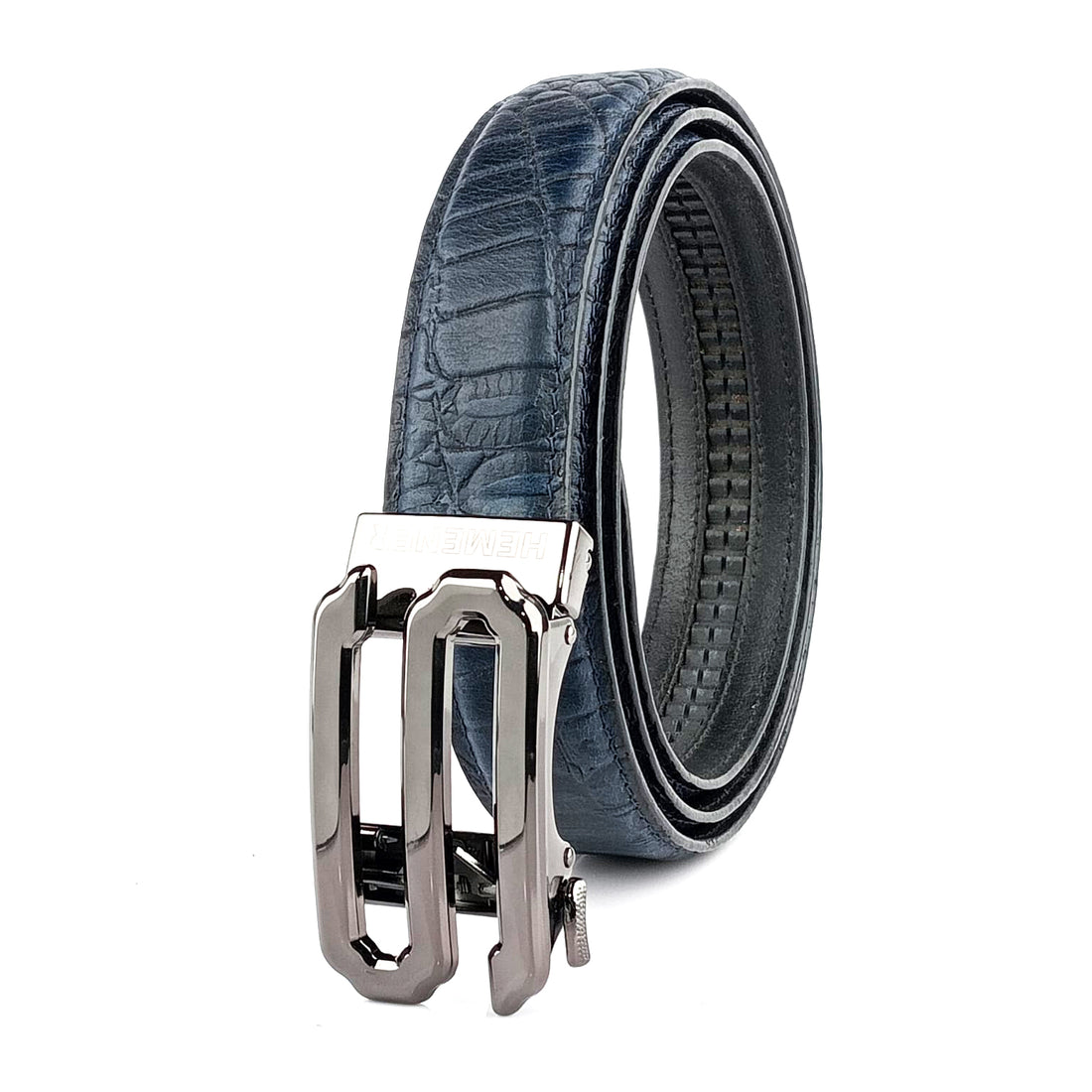 Hemener Men S  Letter Metal Auto Grip Buckle Blue Croc Pattern Genuine Leather Belt