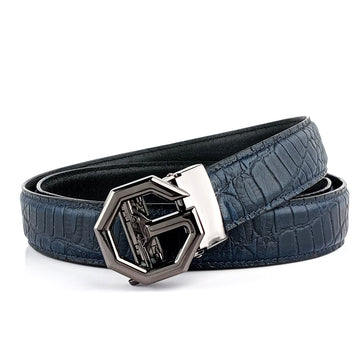 Hemener Men G  Letter Metal Auto Grip Buckle Blue Croc Pattern Genuine Leather Belt