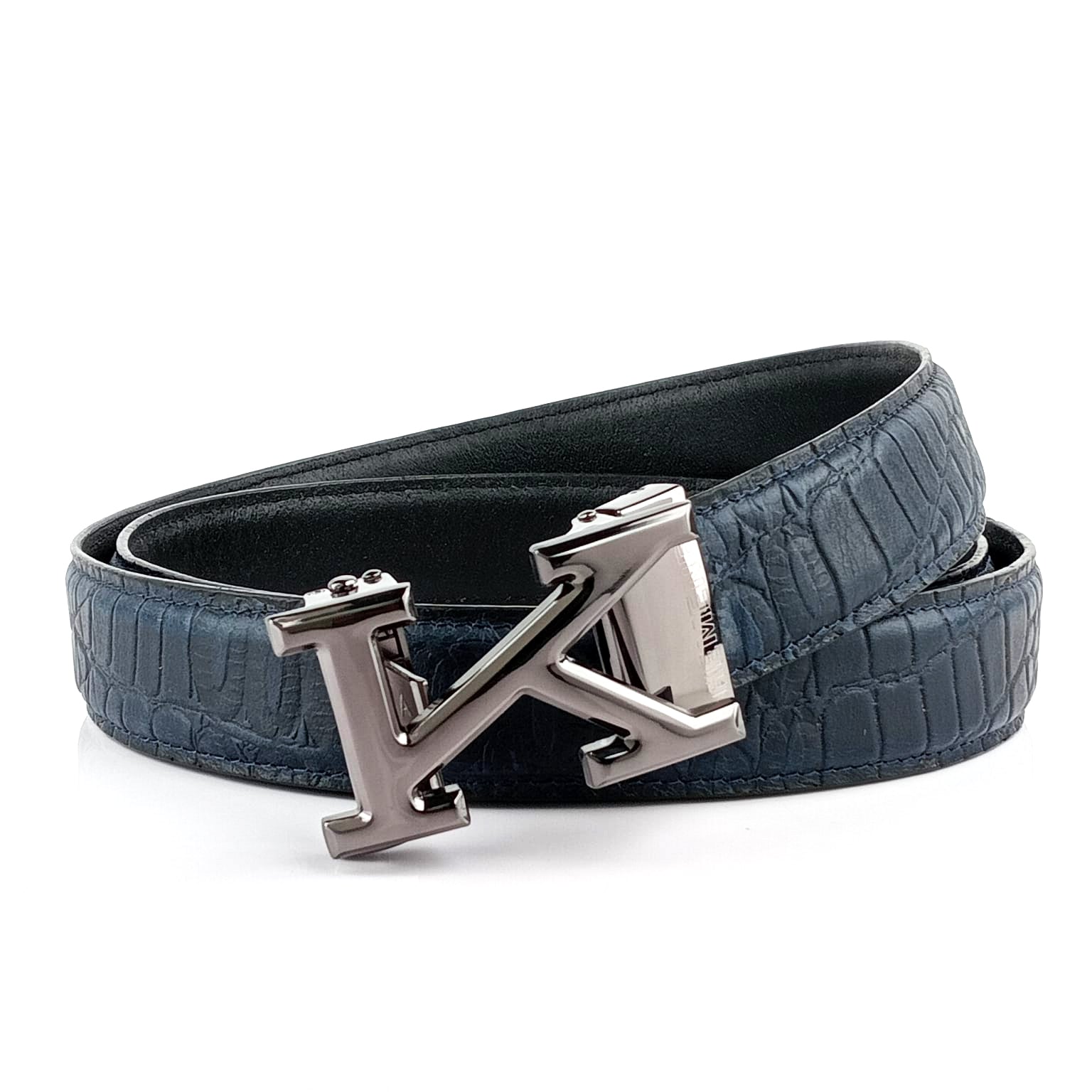 Hemener Men K  Letter Metal Auto Grip Buckle Blue Croc Pattern Genuine Leather Belt