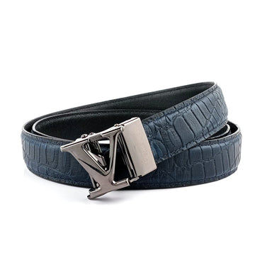 Hemener Men V  Letter Metal Auto Grip Buckle Blue Croc Pattern Genuine Leather Belt