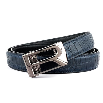 Hemener Men R  Letter Metal Auto Grip Buckle Blue Croc Pattern Genuine Leather Belt