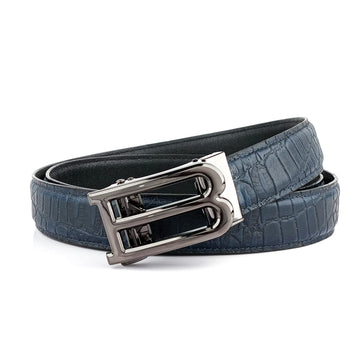 Hemener Men B  Letter Metal Auto Grip Buckle Blue Croc Pattern Genuine Leather Belt