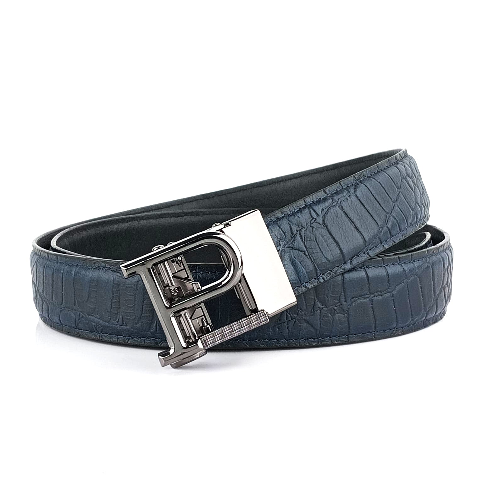 Hemener Men P  Letter Metal Auto Grip Buckle Blue Croc Pattern Genuine Leather Belt