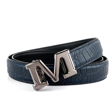 Hemener Men M  Letter Metal Auto Grip Buckle Blue Croc Pattern Genuine Leather Belt