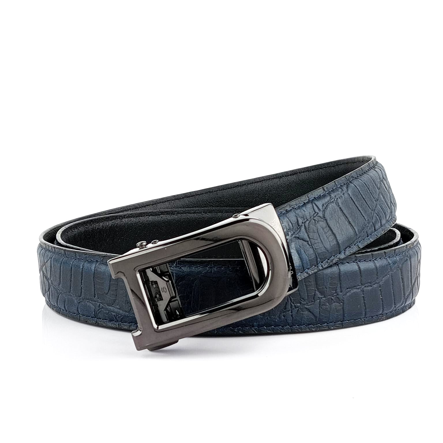 Hemener Men D  Letter Metal Auto Grip Buckle Blue Croc Pattern Genuine Leather Belt