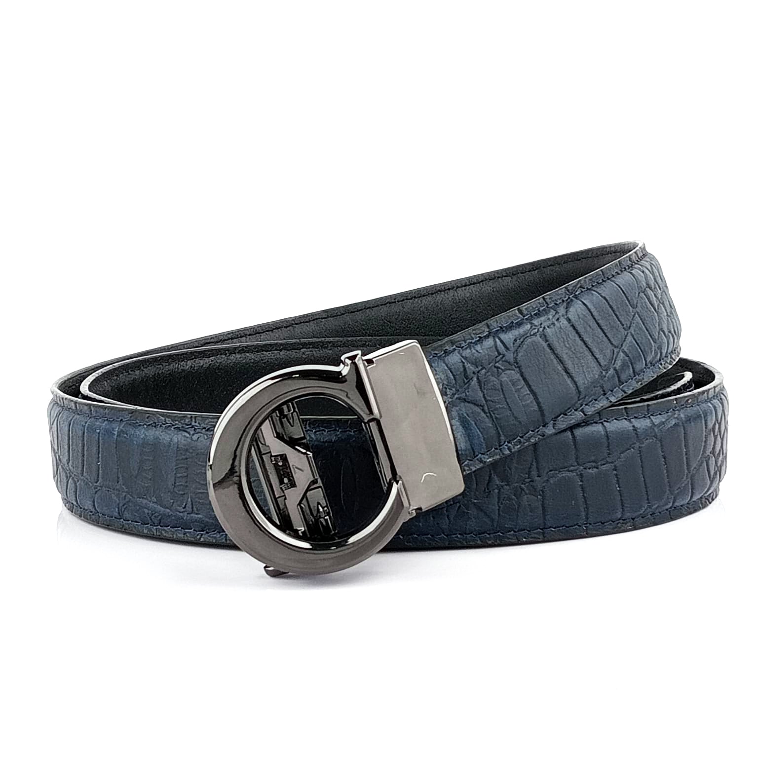 Hemener Men C  Letter Metal Auto Grip Buckle Blue Croc Pattern Genuine Leather Belt