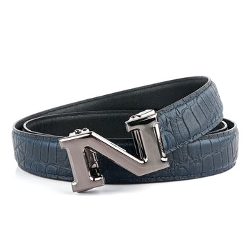 Hemener Men N  Letter Metal Auto Grip Buckle Blue Croc Pattern Genuine Leather Belt