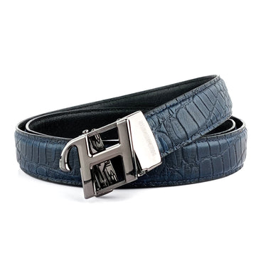 Hemener Men H  Letter Metal Auto Grip Buckle Blue Croc Pattern Genuine Leather Belt