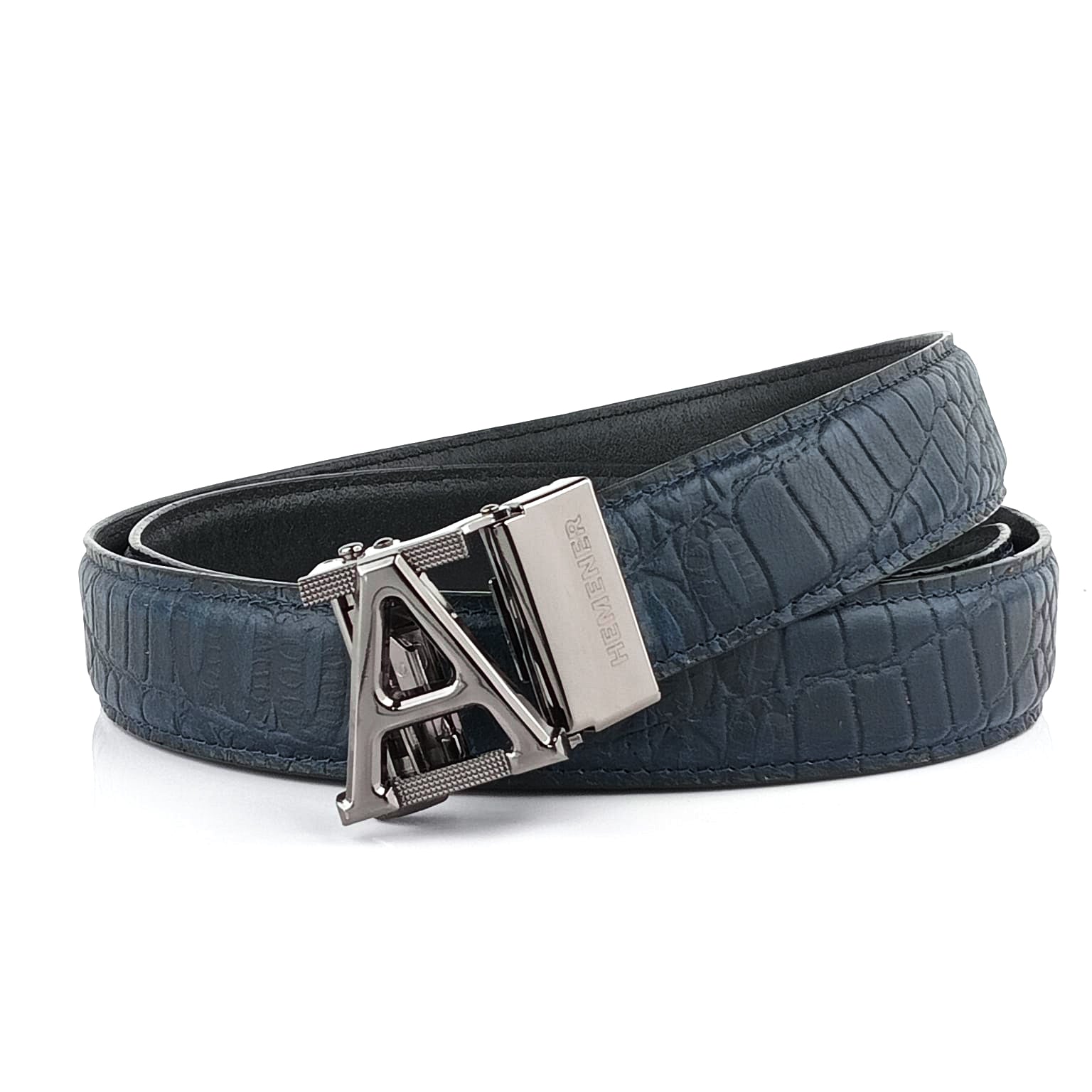 Hemener Men A  Letter Metal Auto Grip Buckle Blue Croc Pattern Genuine Leather Belt