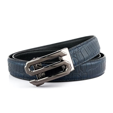 Hemener Men S  Letter Metal Auto Grip Buckle Blue Croc Pattern Genuine Leather Belt