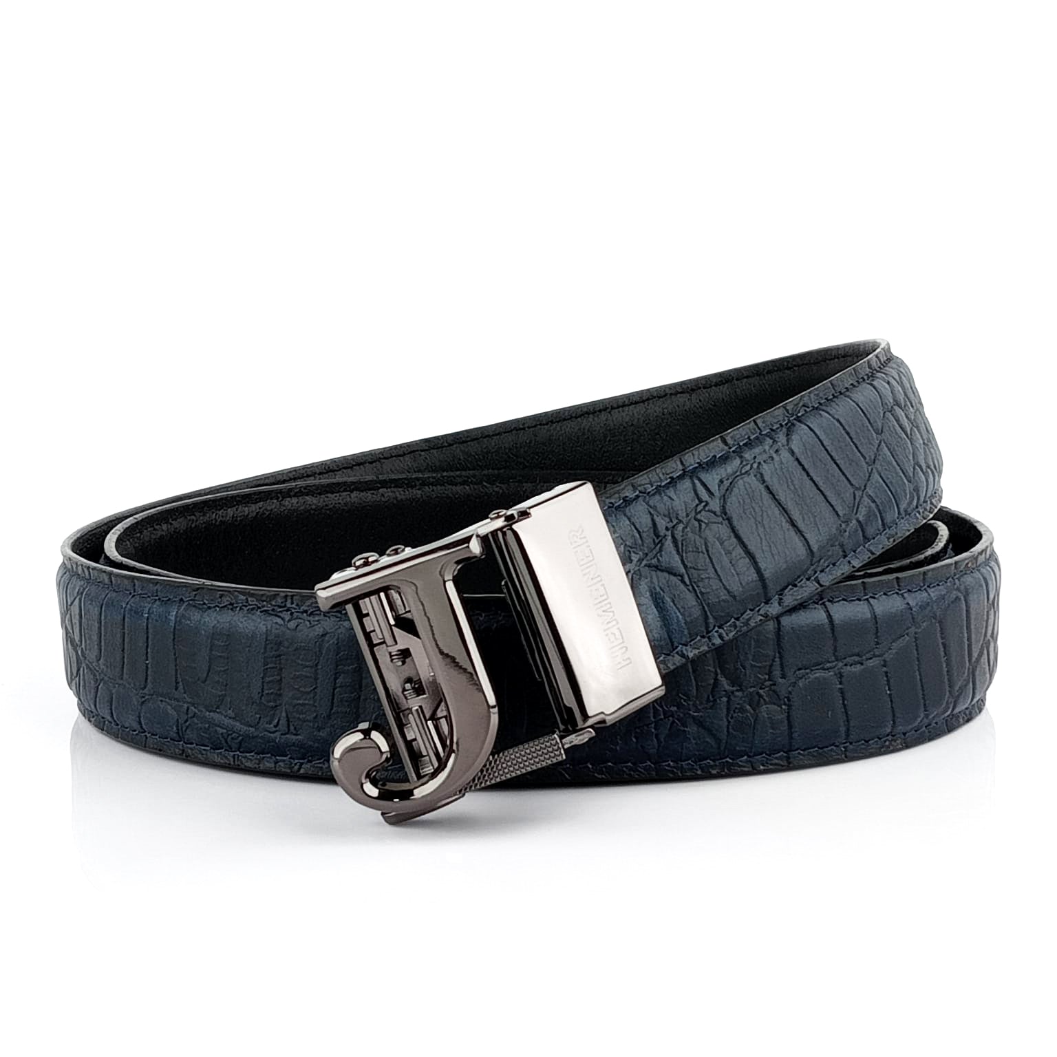 Hemener Men j  Letter Metal Auto Grip Buckle Blue Croc Pattern Genuine Leather Belt