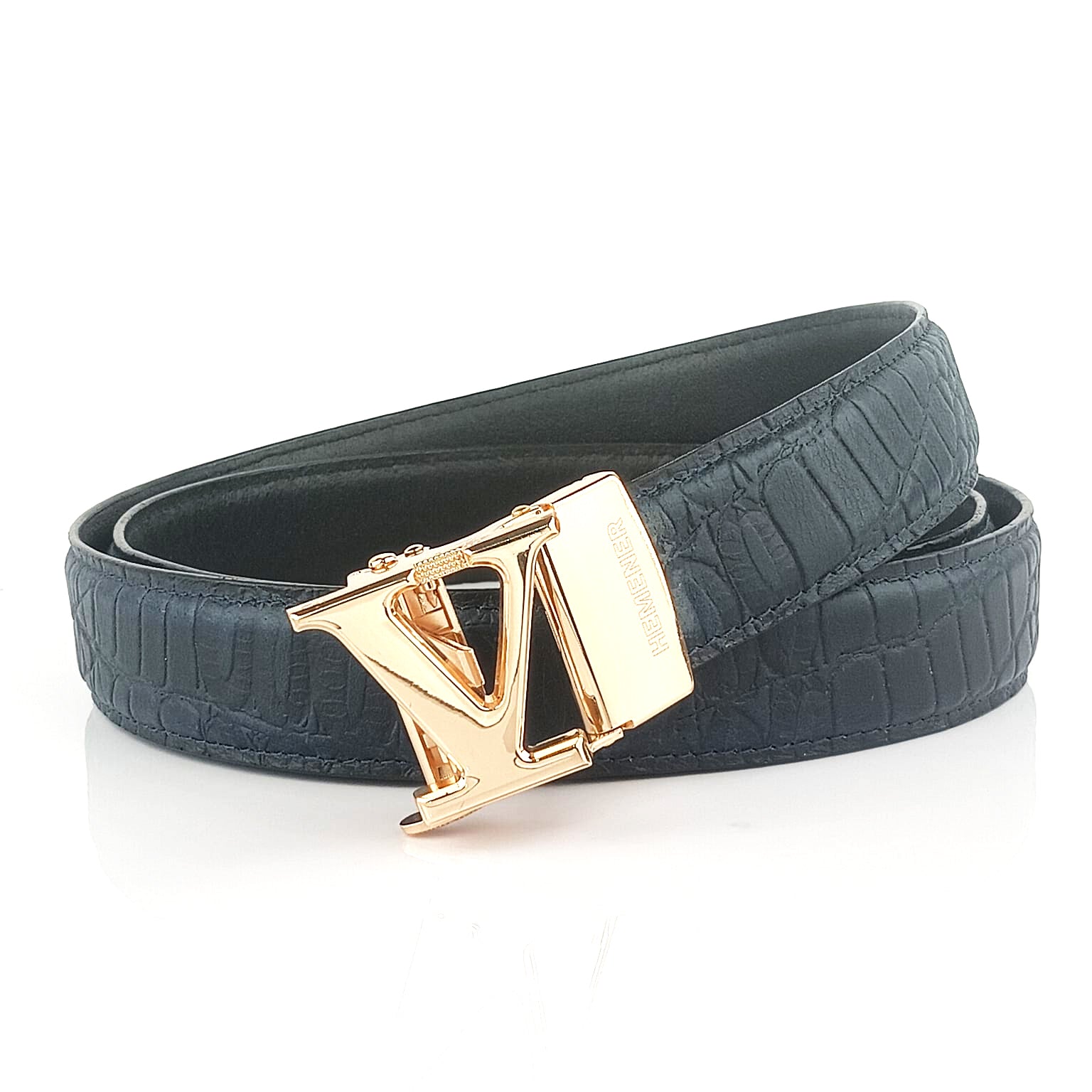 Hemener Men V  Letter Metal Auto Grip Buckle Blue Croc Pattern Genuine Leather Belt