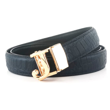 Hemener Men J  Letter Metal Auto Grip Buckle Blue Croc Pattern Genuine Leather Belt