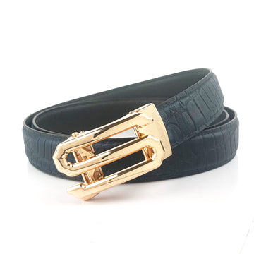 Hemener Men  S  Letter Metal Auto Grip Buckle Blue Croc Pattern Genuine Leather Belt