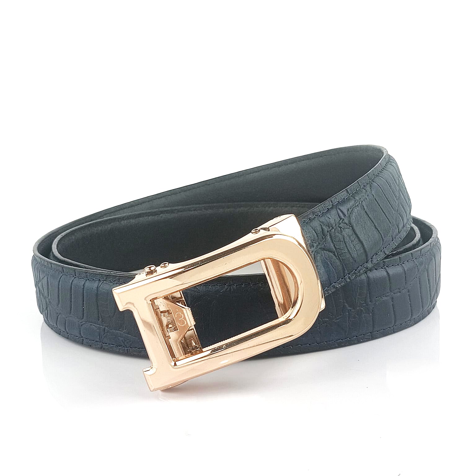 Hemener Men  D  Letter Metal Auto Grip Buckle Blue Croc Pattern Genuine Leather Belt