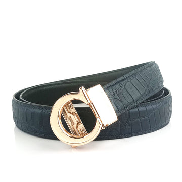 Hemener Men  C  Letter Metal Auto Grip Buckle Blue Croc Pattern Genuine Leather Belt