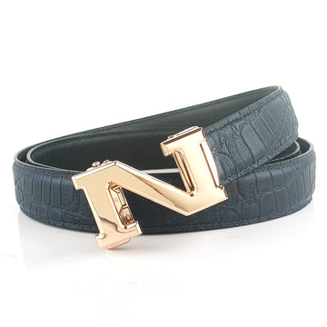 Hemener Men  N  Letter Metal Auto Grip Buckle Blue Croc Pattern Genuine Leather Belt