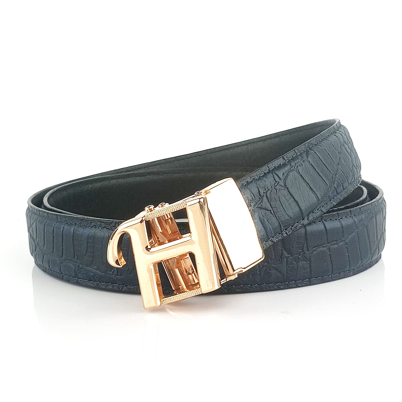 Hemener Men  H  Letter Metal Auto Grip Buckle Blue Croc Pattern Genuine Leather Belt