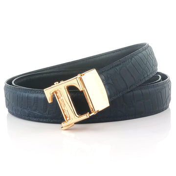 Hemener Men  T  Letter Metal Auto Grip Buckle Blue Croc Pattern Genuine Leather Belt