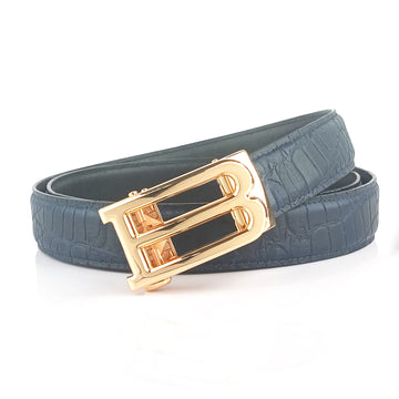 Hemener Men B  Letter Metal Auto Grip Buckle Blue Croc Pattern Genuine Leather Belt