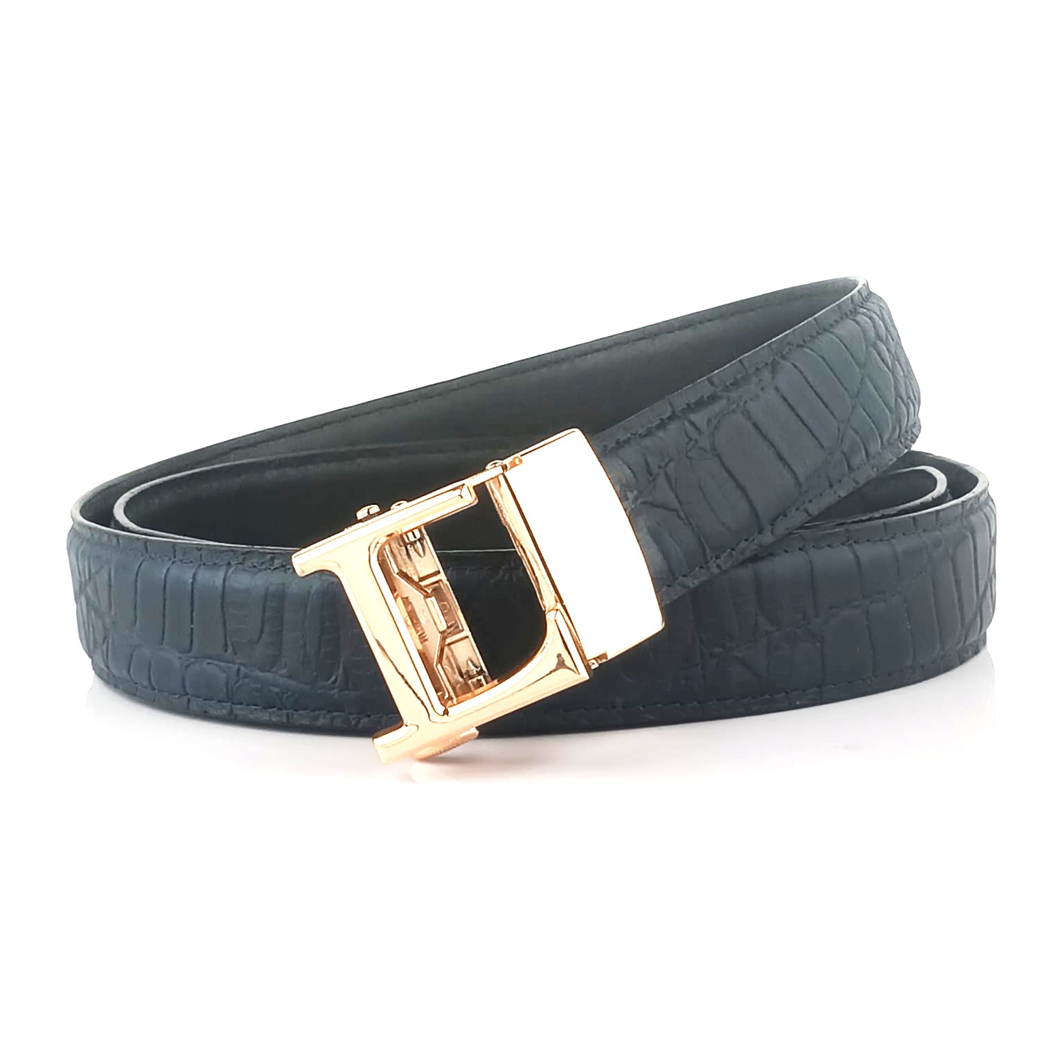 Hemener Men L  Letter Metal Auto Grip Buckle Blue Croc Pattern Genuine Leather Belt