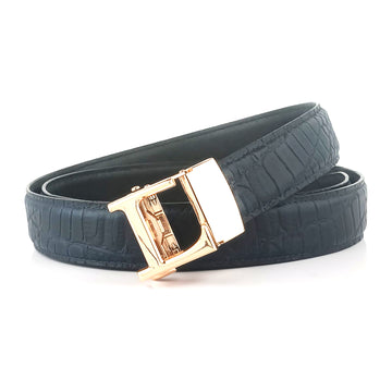 Hemener Men L  Letter Metal Auto Grip Buckle Blue Croc Pattern Genuine Leather Belt