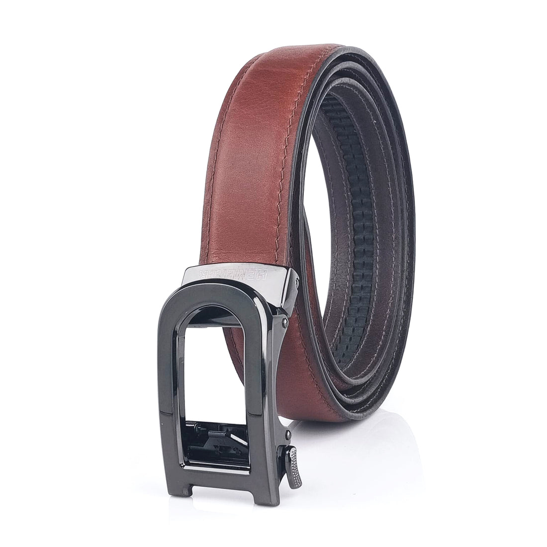 Hemener Men D  Letter Metal Auto Grip Buckle Brown Genuine Leather Belt