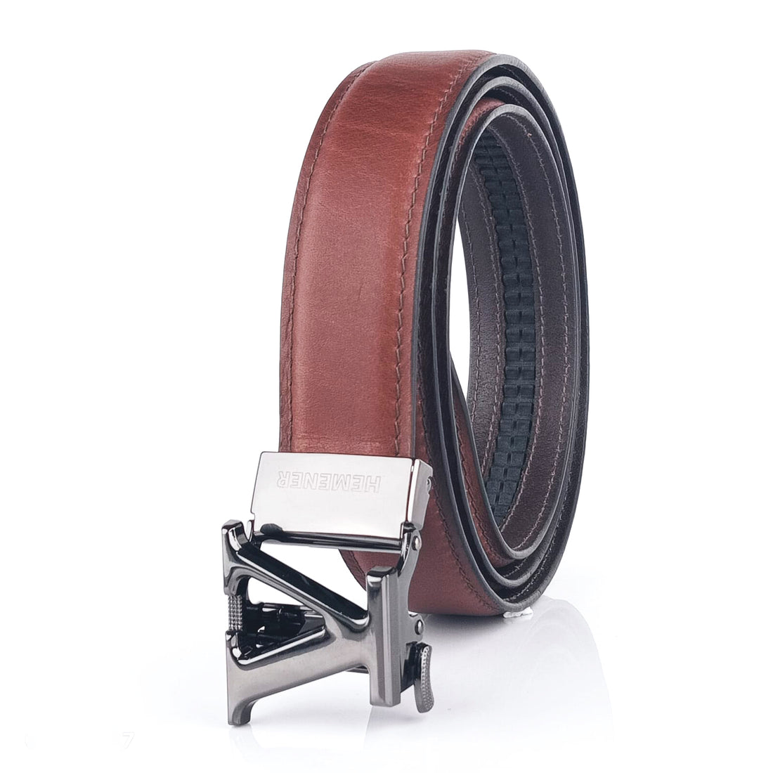 Hemener Men V  Letter Metal Auto Grip Buckle Brown Genuine Leather Belt