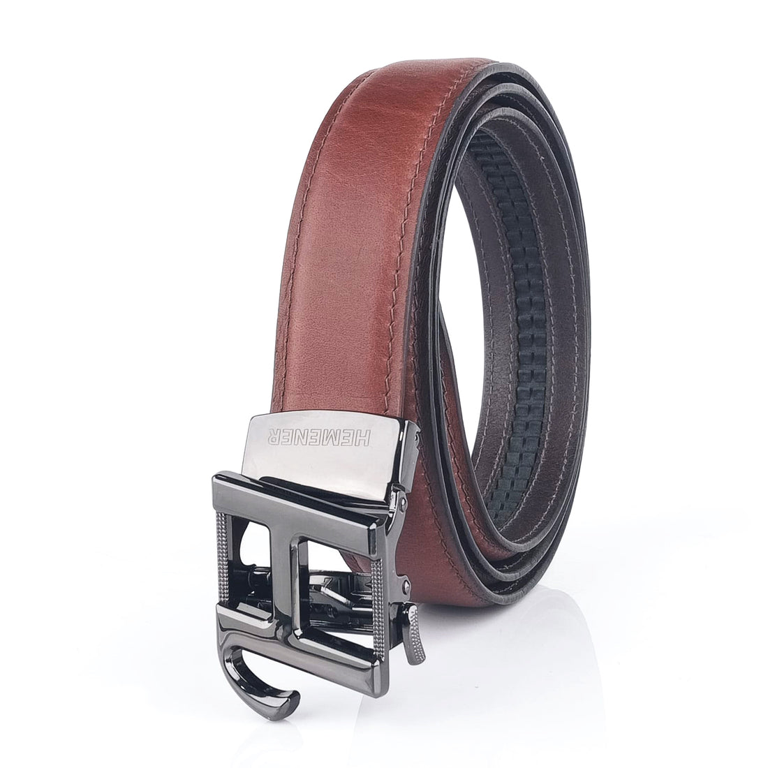 Hemener Men  H  Letter Metal Auto Grip Buckle Brown Genuine Leather Belt