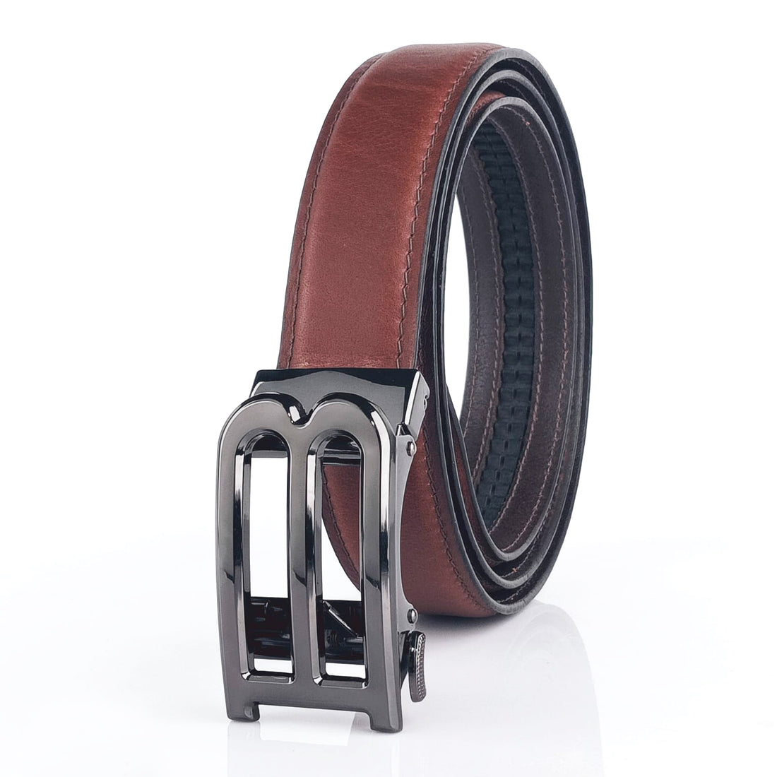 Hemener Men B  Letter Metal Auto Grip Buckle Brown Genuine Leather Belt