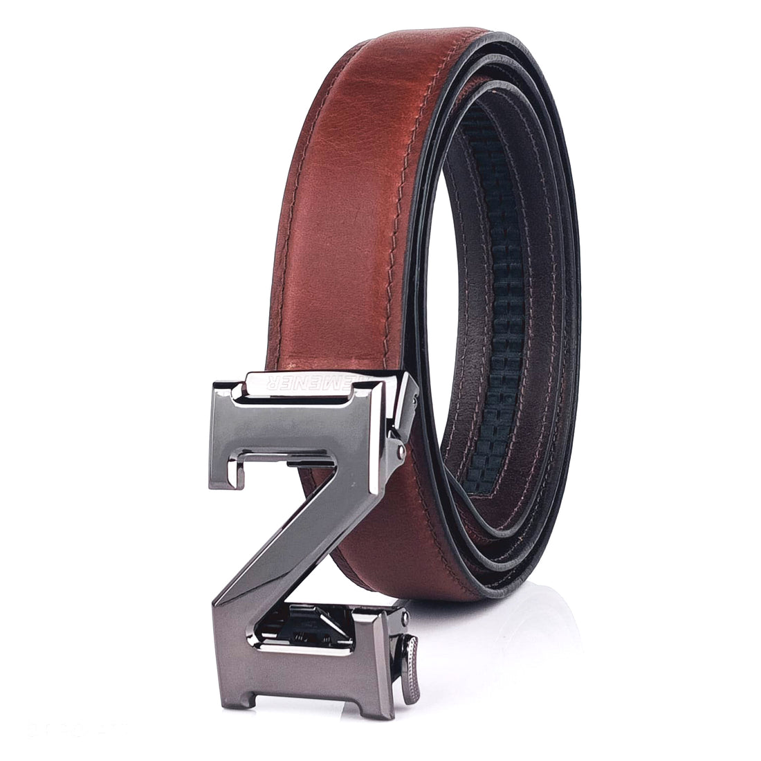 Hemener Men N  Letter Metal Auto Grip Buckle Brown Genuine Leather Belt