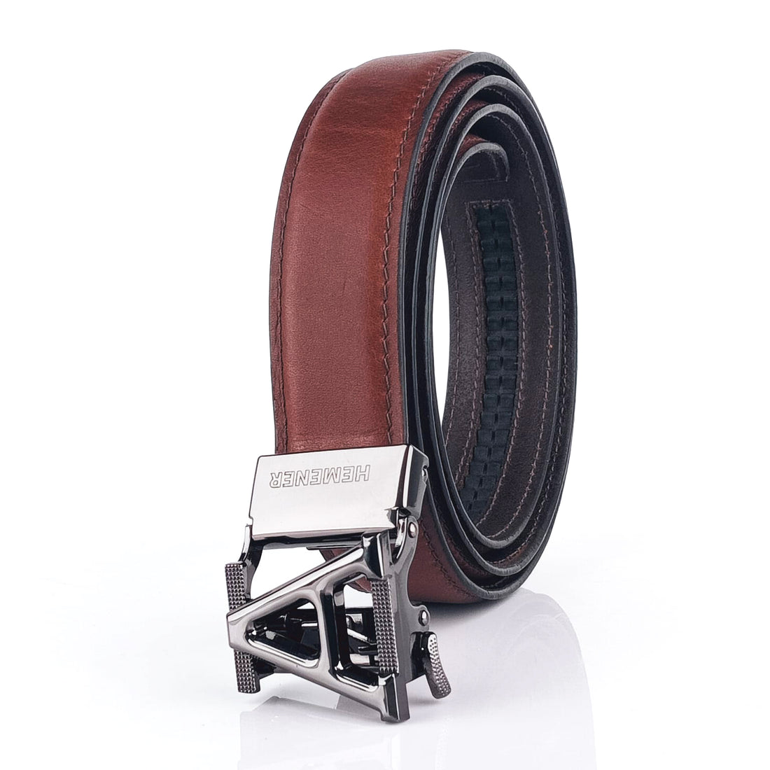 Hemener Men A  Letter Metal Auto Grip Buckle Brown Genuine Leather Belt