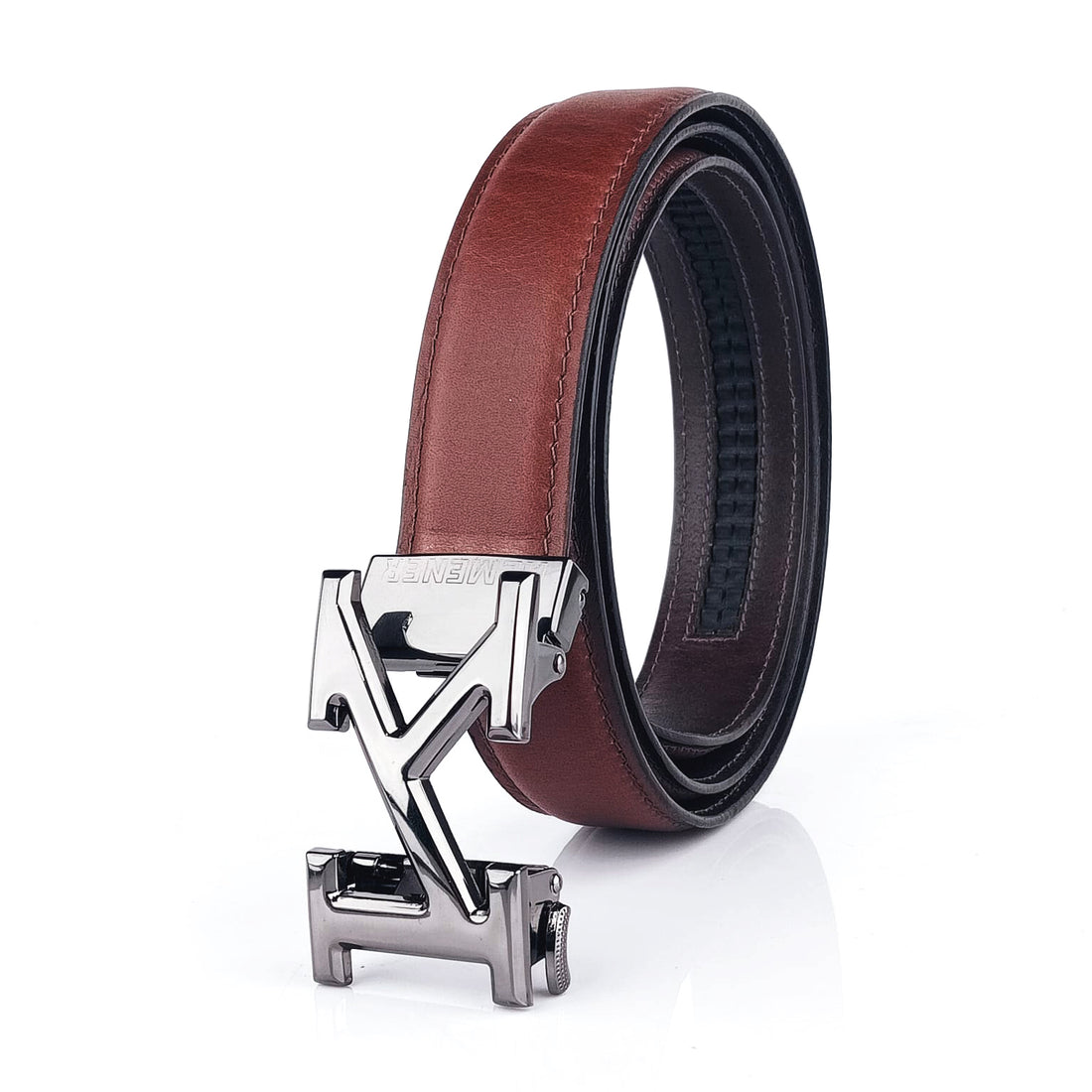 Hemener Men K  Letter Metal Auto Grip Buckle Brown Genuine Leather Belt