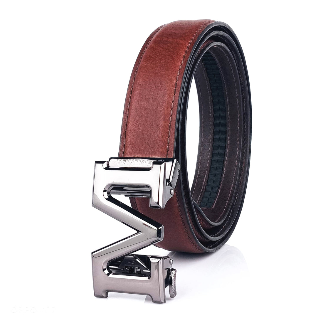 Hemener Men M  Letter Metal Auto Grip Buckle Brown Genuine Leather Belt