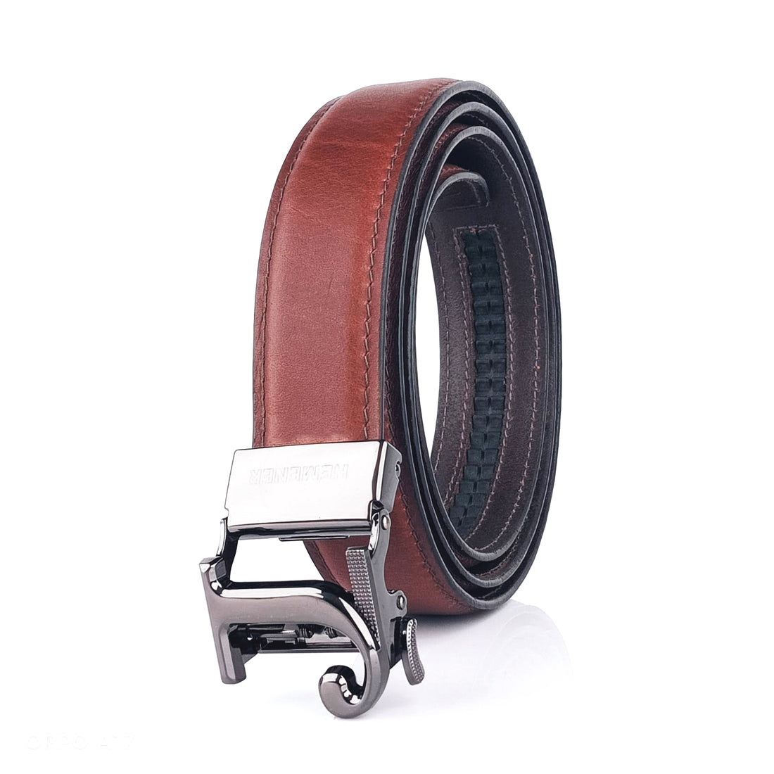 Hemener Men J  Letter Metal Auto Grip Buckle Brown Genuine Leather Belt