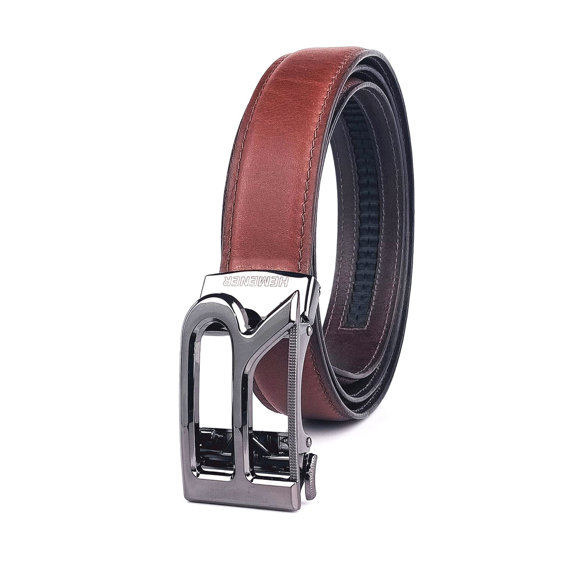 Hemener Men R  Letter Metal Auto Grip Buckle Brown Genuine Leather Belt