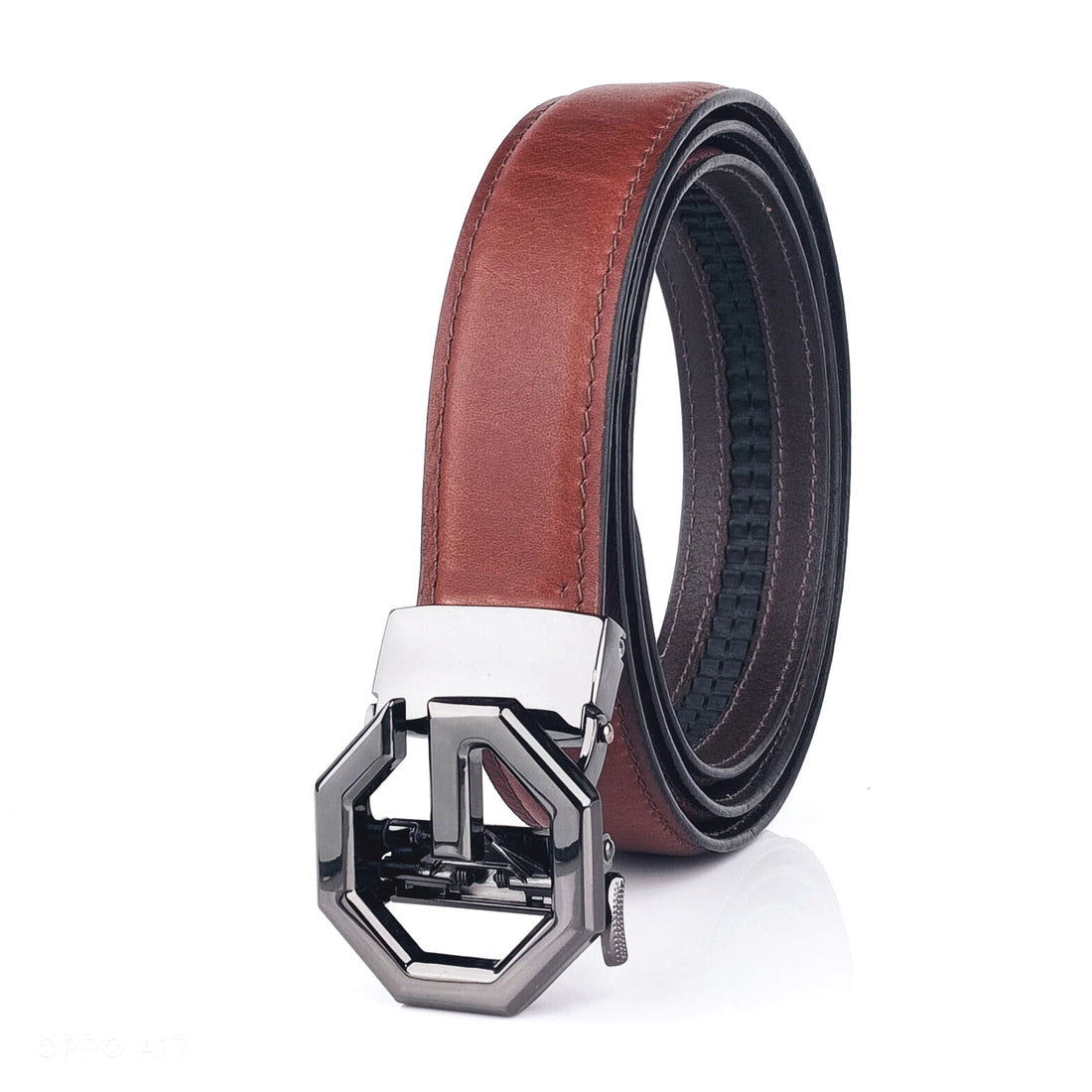 Hemener Men G  Letter Metal Auto Grip Buckle Brown Genuine Leather Belt