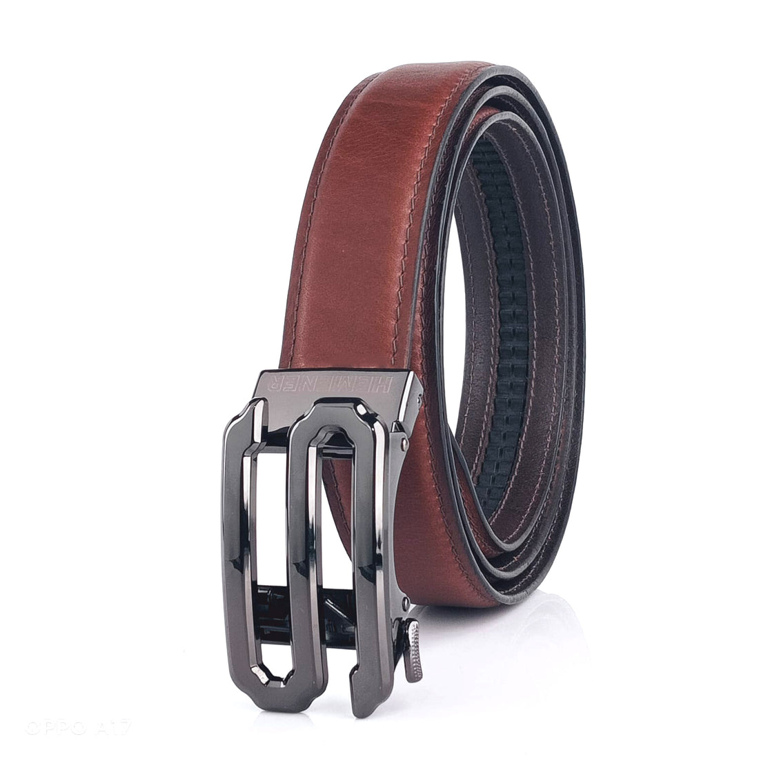 Hemener Men S  Letter Metal Auto Grip Buckle Brown Genuine Leather Belt