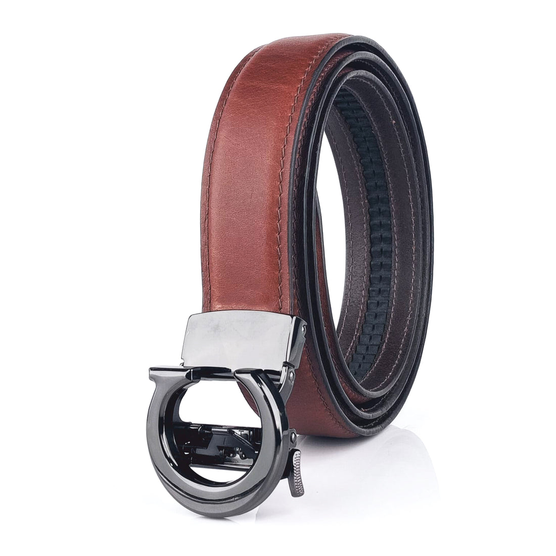 Hemener Men C  Letter Metal Auto Grip Buckle Brown Genuine Leather Belt