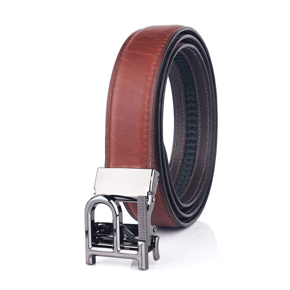 Hemener Men P  Letter Metal Auto Grip Buckle Brown Genuine Leather Belt