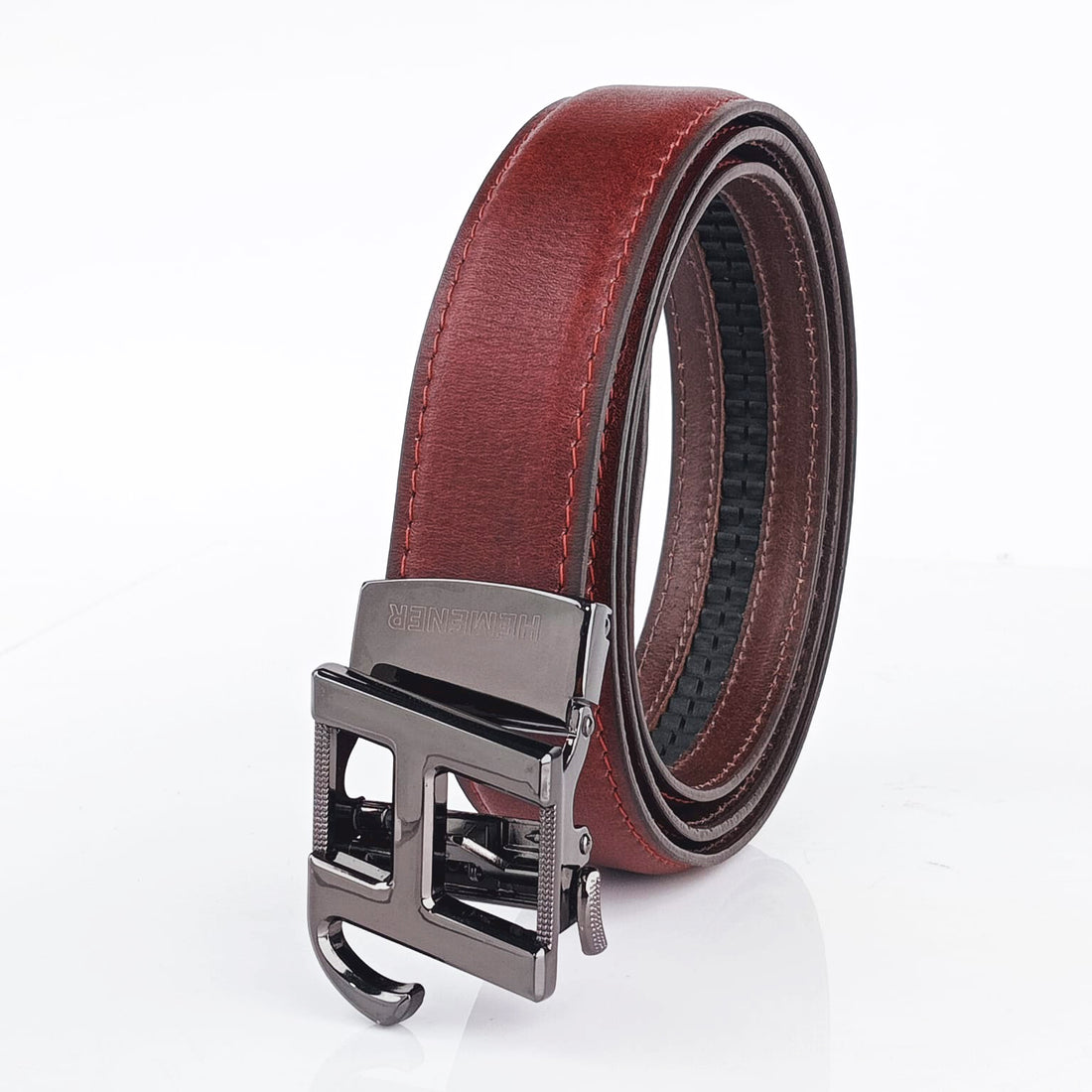 Hemener Men H Letter Metal Auto Grip Buckle Cherry Brown Genuine Leather Belt